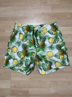 Ring of Fire Pineapple & Palm Print Swim Trunks - White/Green/Yellow